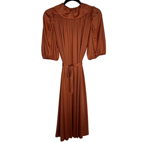 VTG 1970s Sz XL Copper Puff Sleeve Flowy Blouson Dress Peter Pan Collar & Belt - Picture 7 of 9